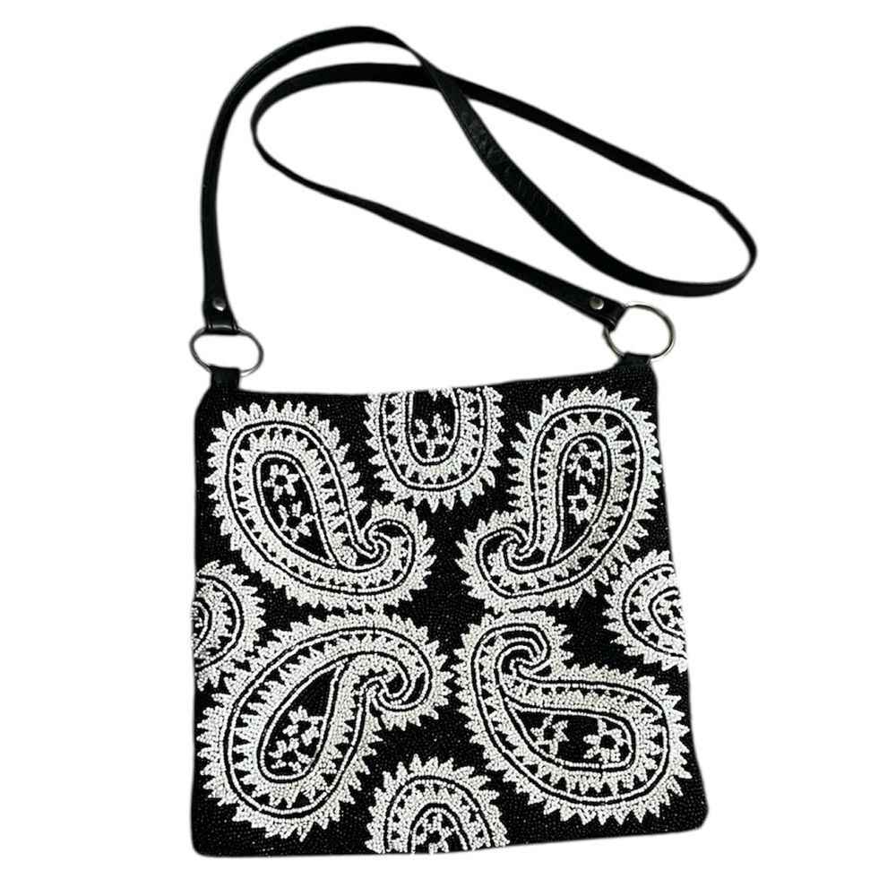 Christiana Vintage Beaded Black White Paisley Leather Crossbody Bag Purse